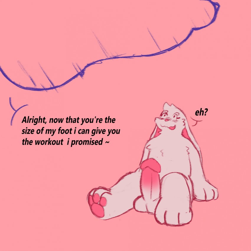 anthro balls big_penis dialogue duo feet foot_fetish foot_focus foot_play genitals hi_res huge_cock hyper hyper_genitalia hyper_penis inabunstar lagomorph leporid male mammal micro nude penis rabbit shrinking size_difference size_transformation stomping trampling transformation underfoot