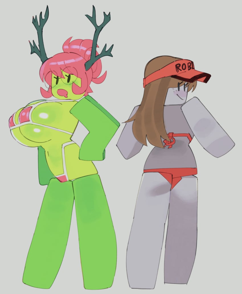 2girls antlers big_breasts big_nipples bikini bikini_top blocky_body breasts coloring drool drooling female female_only freckles glasses gray_body gray_skin green_body green_skin grey_skin horns looking_back mob_face multiple_girls nipples pink_hair posing protruding_nipples roblox robloxian round_naval simple_cute simple_shading sk8tr skimpy_bikini swimsuit visor wamudraws