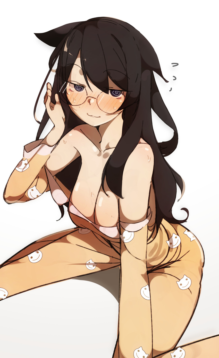 bare_shoulders big_breasts black_hair blush blush breasts breasts cat_ears cleavage clothed deko_morii exposed_shoulders female female_focus female_only glasses hanekawa_tsubasa long_hair looking_at_viewer monogatari_(series) pajamas shoulders sole_female solo solo_female solo_focus swirly_eyes