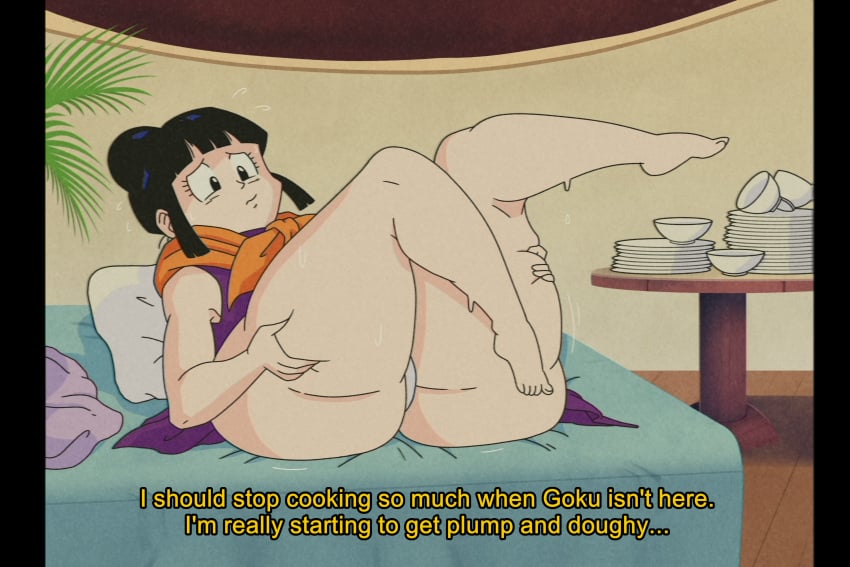 1girls accurate_art_style black_hair bowl bowls chichi chubby clairescafe dragon_ball dragon_ball_z fake_screenshot female mature_female milf mother obese panties plate plates sweat text thick_thighs weight_gain