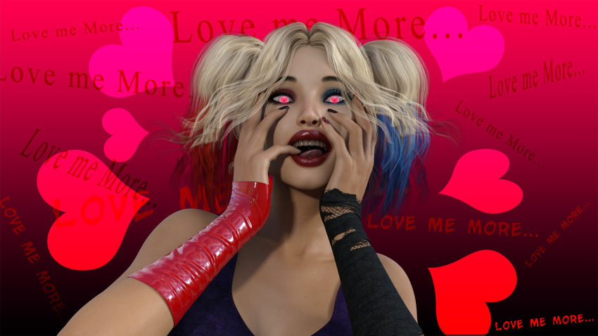 1girls 3d batman_(series) blonde_hair blue_hair dc dc_comics female harley_quinn lanifangelkiss light-skinned_female light_skin lips multicolored_hair red_hair yandere