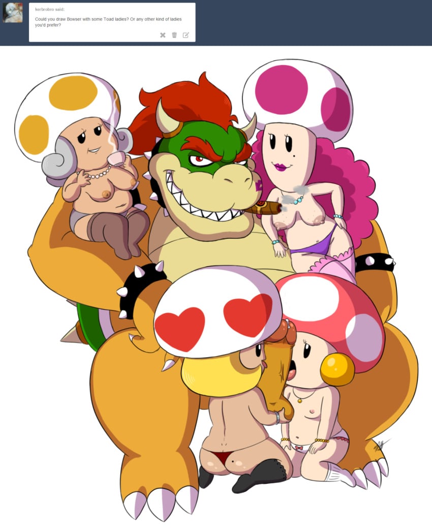 1boy 4girls anthro bowser breasts cigar female group humanoid_penis interspecies koopa larger_male male mario_(series) mario_and_luigi_(series) mario_party mario_party_advance mrs._shroomlock mushroom_humanoid nintendo paper_mario penis plain_background scalie shortstack size_difference straight tayce_t. timoteihiv toad_(mario) toadiko tumblr vanna_t. video_games white_background