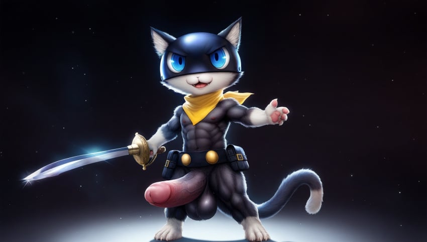 1boy 2k ai_generated anthro anthro_only blue_aura blue_eyes cat_ears cat_tail detailed_genitals felid feline fighting_stance furrowed_brow furry gloves_(marking) male morgana_(persona) muscular muscular_male pouches rapier small_but_hung solo standing toned_body toned_male tool_belt veiny_penis yellow_scarf