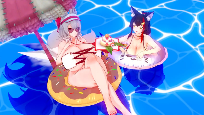 2girls bikini cake curvaceous curvy fox_ears fox_girl fox_tail fox_tails gigantic_breasts hat heart_glasses hololive hololive_japan huge_breasts kitsune multicolored_hair nijisanji nijisanji_en nina_kosaka ookami_mio ponytail swimsuit virtual_youtuber vtuber water wolf_ears wolf_girl wolf_tail