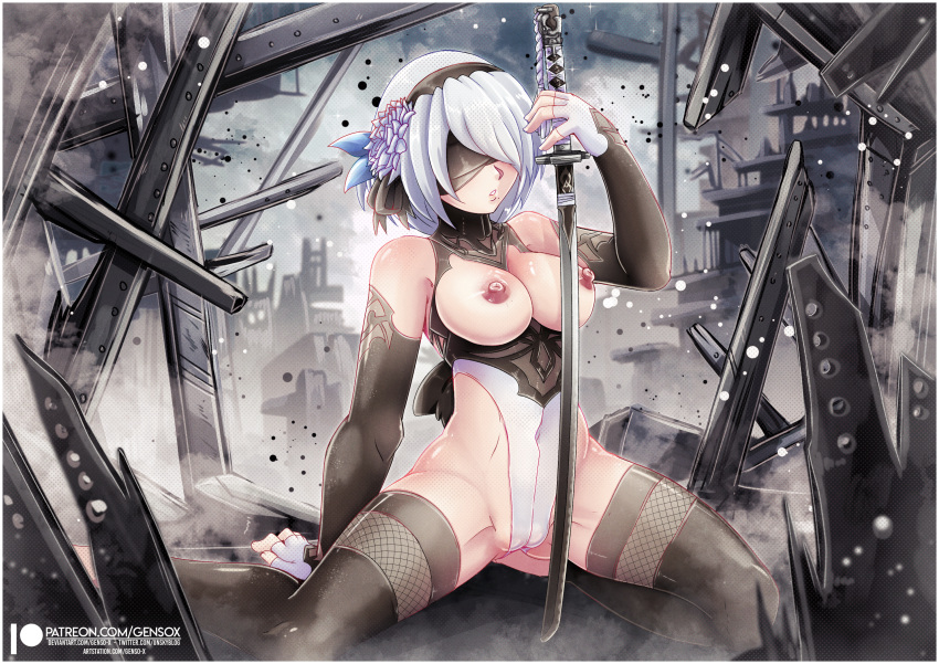 1girls 2024 absurd_res adapted_costume arm_support big_breasts blindfold breasts breasts_out elbow_gloves fingerless_gloves flower gensox gloves gynoid hair_flower hair_ornament hairband hi_res katana kneeling leotard light-skinned_female light_skin more_at_source nier:_automata nipples parted_lips patreon_username platinum_games post-apocalyptic revealing_clothes shiny_skin short_hair solo solo_female sword thighhighs thighs variant_set weapon white_hair yorha_2b