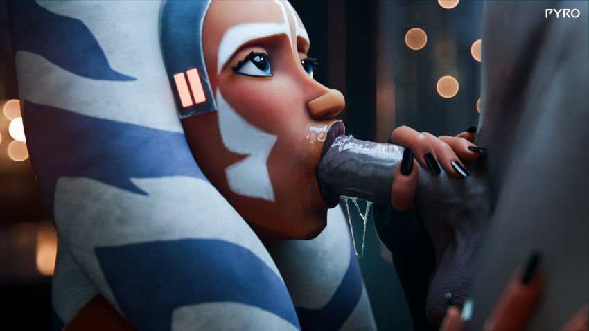 1boy 1girls 3d ahsoka_tano blowjob blue_eyes fellatio oral pyro_(artist) saliva star_wars togruta