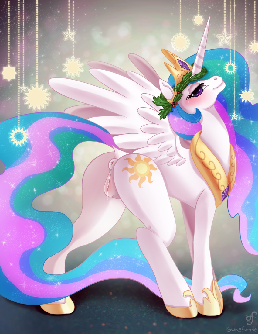 2014 alicorn anus blush crown cutie_mark equine eyelashes female feral friendship_is_magic fur guinefurrie hair hi_res hooves horn looking_at_viewer mammal multicolored_hair my_little_pony princess_celestia_(mlp) purple_eyes pussy pussy_juice solo white_fur wings