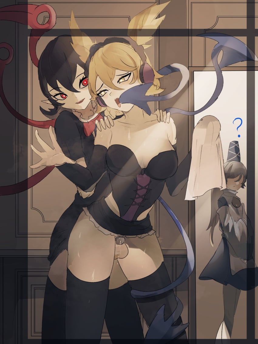 1futa 2girls balls blonde_hair breasts cage caged caged_cock chastity chastity_cage chastity_device clothed clothing cock_cage devil_tail female flat_chastity_cage futanari human light-skinned_female light-skinned_futanari light_skin mononobe_no_futo mostly_clothed naufaldreamer nue_houjuu orgasm_denial penis_cage short_hair standing tail touhou toyosatomimi_no_miko uncensored