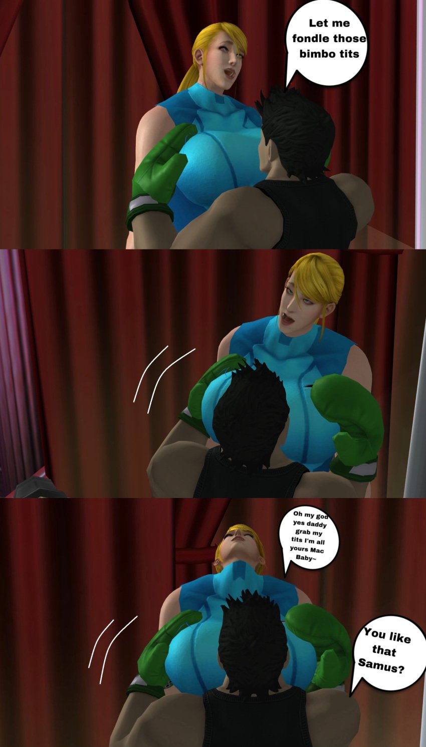 3d biceps big_breasts blonde_hair bodysuit breast_grab couple curvy little_mac lovers metroid motorboating muscles muscular muscular_male nintendo on_lap on_top ponytail punch_out samus_aran seducing seductive sfm skin_tight source_filmmaker straight teenager voluptuous zero_suit zero_suit_samus