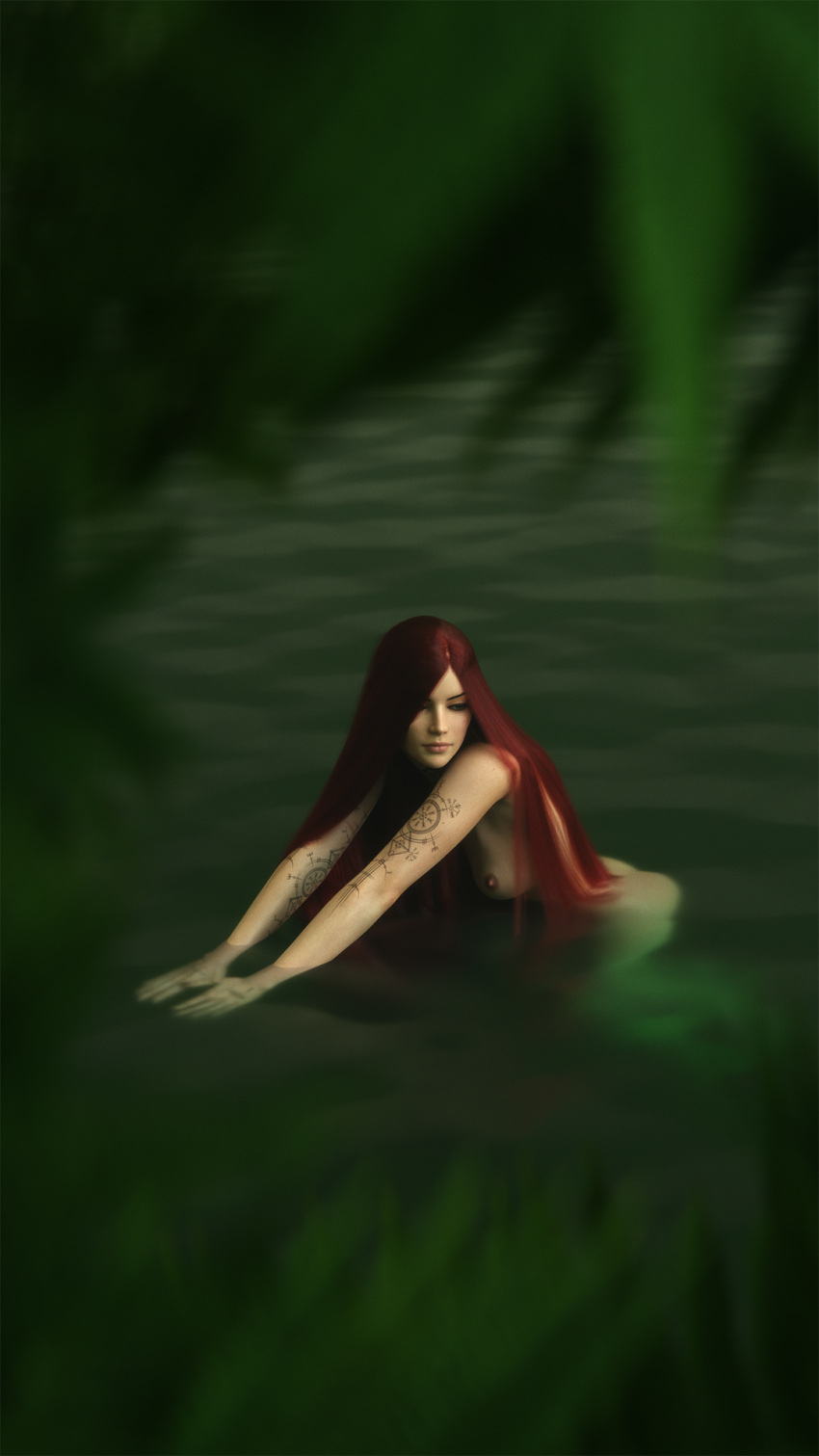 3d 3d_(artwork) akidia alice_(akidia) bracelet bracelets forest green_eyes light-skinned_female light_skin long_hair naked naked_female original original_character red_hair small_breasts swimming tagme tattoo tattoos water