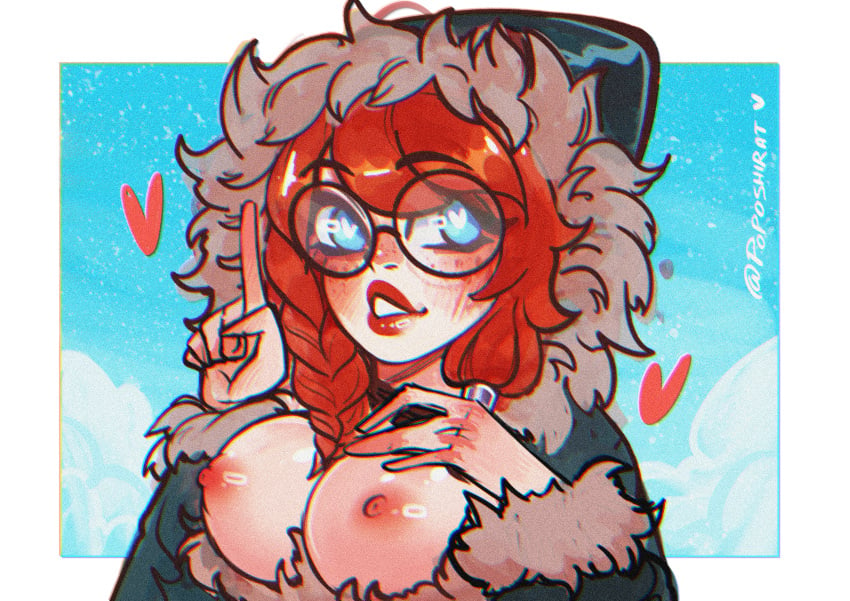 aurora_(league_of_legends) big_breasts cute flashing_breasts freckles glasses league_of_legends looking_at_viewer nerd nerdy nerdy_female of pointing_up poposhirat red_hair showing_breasts vastaya winter_clothes