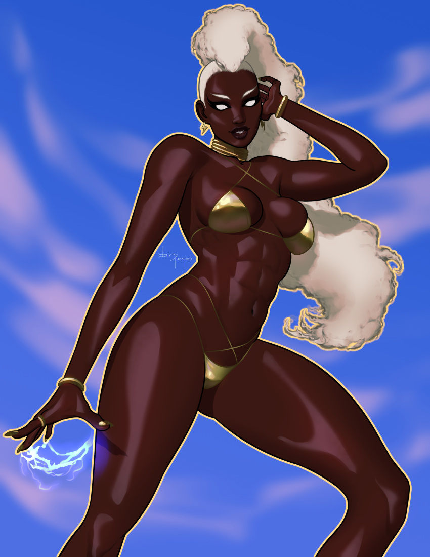 1girls abs artist_name bikini bracelets busty dark-skinned_female dark_skin earrings gold_bikini gold_nails lightning marvel marvel_comics muscular_abs mutant ororo_munroe painted_fingernails painted_nails pope_of_dairy storm_(x-men) swimsuit white_eyes white_hair x-men