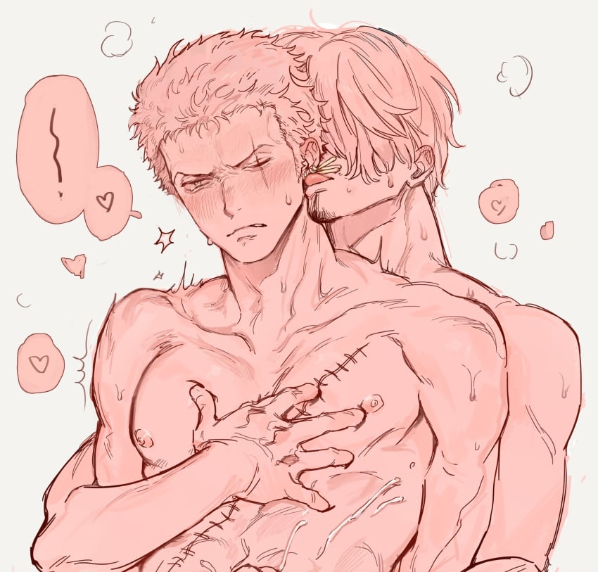 2boys blush cum cum_on_body ear_licking earrings facial_scar gay goatee hair_over_one_eye hand_on_another's_chest implied_sex licking licking_ear male male_only monochrome no_visible_genitalia nude one_eye_closed one_piece pink_theme post-timeskip roronoa_zoro scar scar_across_eye sweat toned toned_male upper_body vinsmoke_sanji yaoi yayarunaway