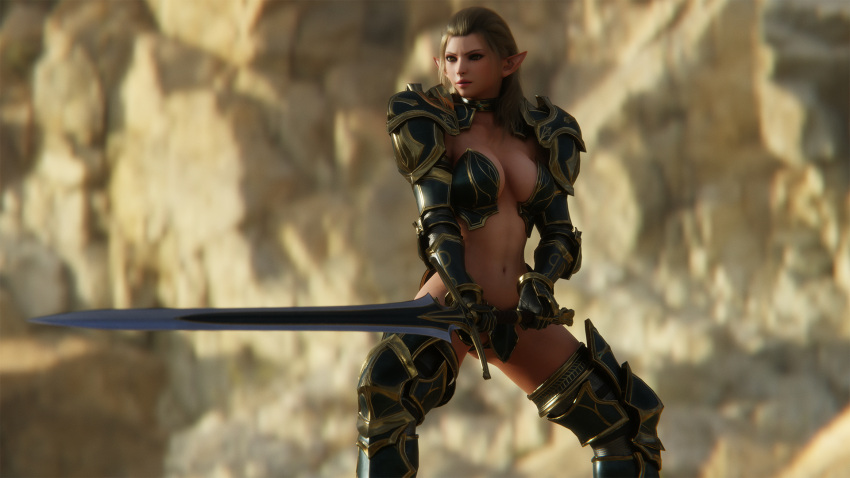 3d 3d_(artwork) akidia armor elf elf_female elf_swordmaster light-skinned_female light_skin original original_character practice_sword ryanreos sword tagme yellow_eyes