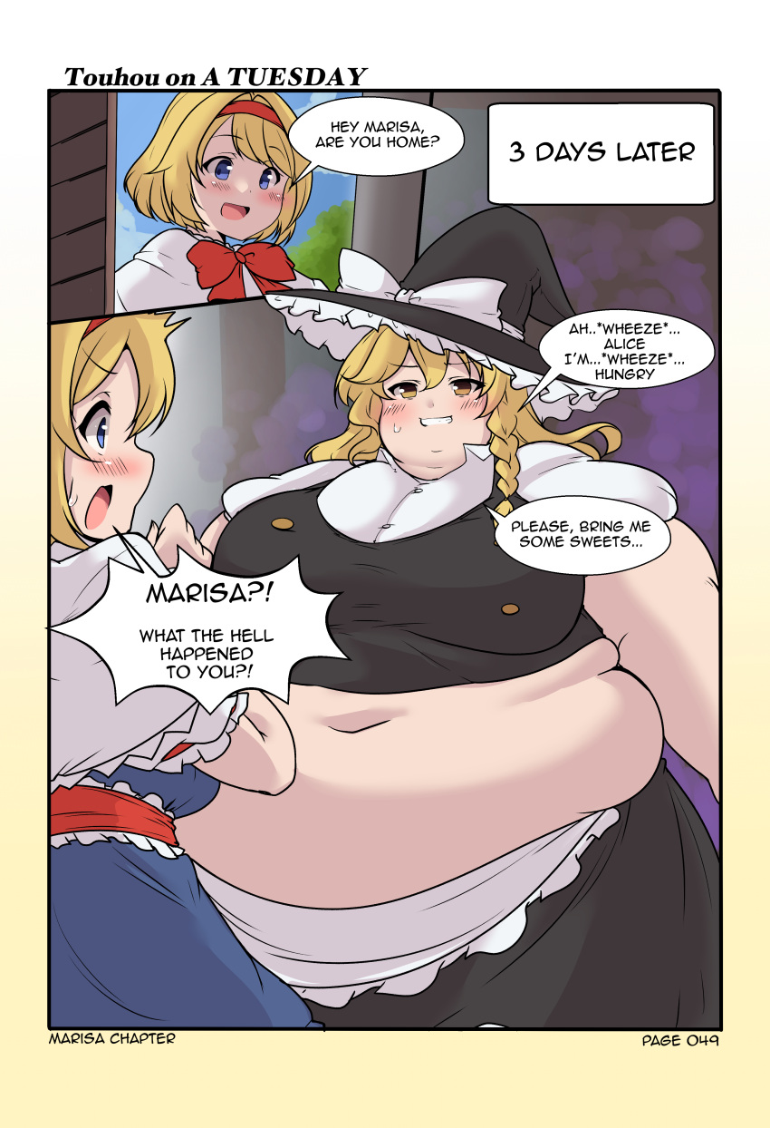 alice_margatroid bbw belly_overhang big_belly big_female blonde_hair blush chubby chubby_female double_chin dr-black-jack embarrassed fat fat_ass fat_female fat_fetish fat_girl fat_rolls fat_woman fatty huge_belly large_female marisa_kirisame morbidly_obese morbidly_obese_female obese obese_female overweight overweight_female pig plump pork_chop speech_bubble ssbbw thick_thighs touhou tubby weight_gain witch witch_hat