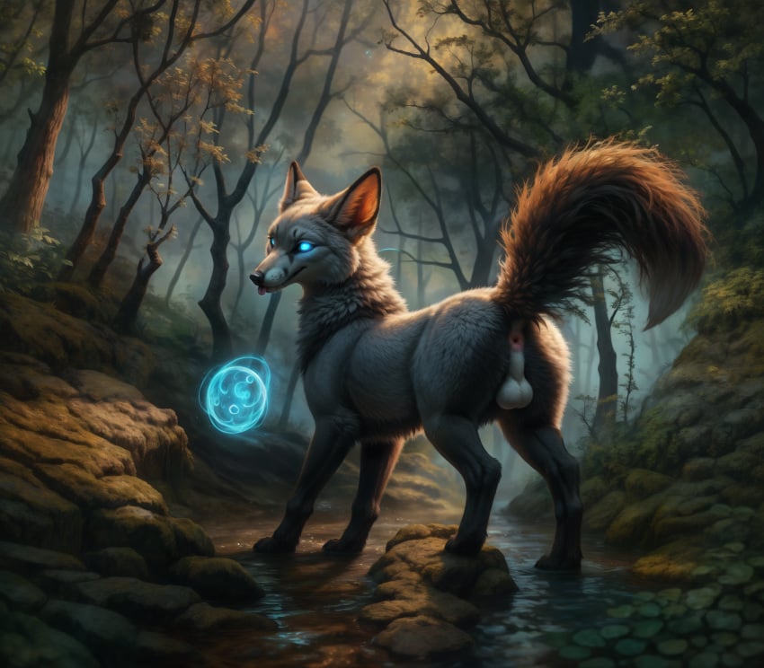 ai_generated anus ass balls big_ears black_body black_fur black_nose blep blp blue_eyes canid canine cheek_tuft creek day detailed detailed_background detailed_fur facial_tuft feral forest fox fur genitals glowing glowing_eyes grey_body grey_fur hi_res light lighting looking_at_viewer looking_back looking_back_at_viewer magic male mammal multicolored_body multicolored_fur outside pink_anus plant quadruped raised_tail rock solo solo_focus standing standing_in_water sunlight three-quarter_view tongue tongue_out tree tuft water white_balls