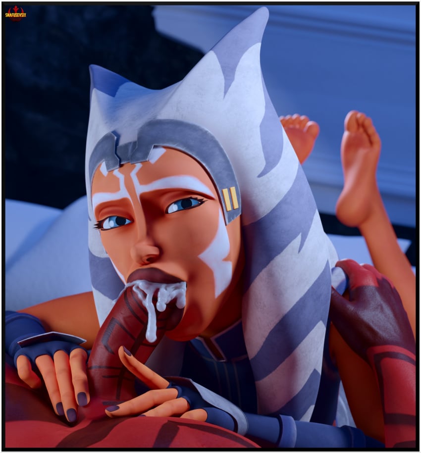 1boy 1girls 3d accurate_art_style ahsoka_tano barefoot blowjob blue_eyes clone_wars clothed cum cum_in_mouth darth_maul feet fellatio female looking_at_viewer male medium_breasts official_style oral skinny snafusevsix soles star_wars the_pose toes togruta zabrak