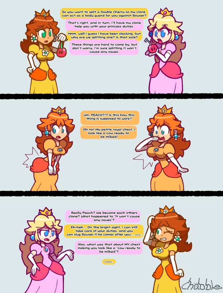 blonde_hair blue_eyes body_swap brown_hair chabble crown dialogue double_cherry dress english_text green_eyes mario_(series) page_1 png princess_daisy princess_dress princess_peach super_mario_3d_world super_mario_bros. text transformation transformation_sequence twinning