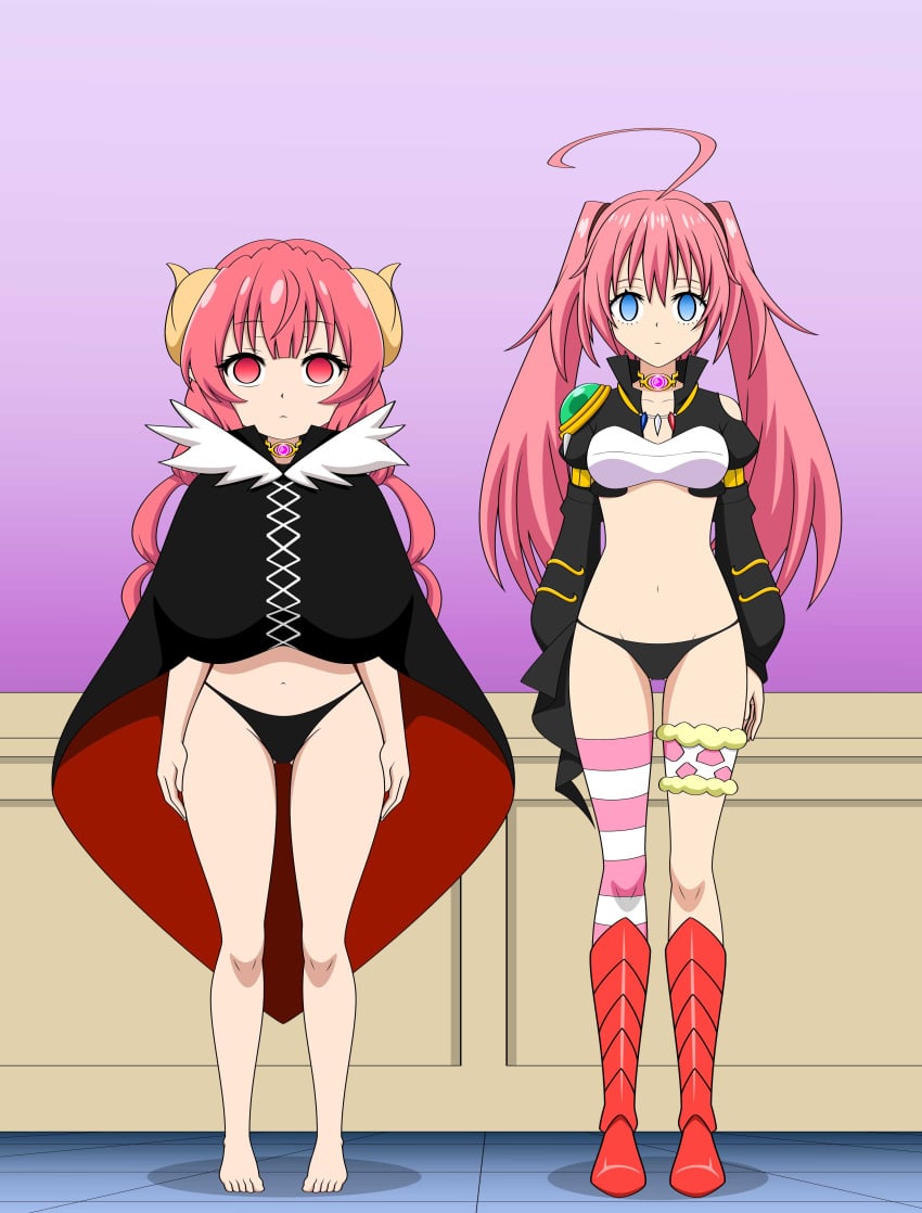 2girls bikini_bottom blue_eyes brainwashed brainwashing empty_eyes expressionless female female_only hypnosis identity_death ilulu_(dragon_maid) jimryu milim_nava mind_control miss_kobayashi&#039;s_dragon_maid multiple_girls pink_hair red_eyes standing tagme tensei_shitara_slime_datta_ken that_time_i_got_reincarnated_as_a_slime