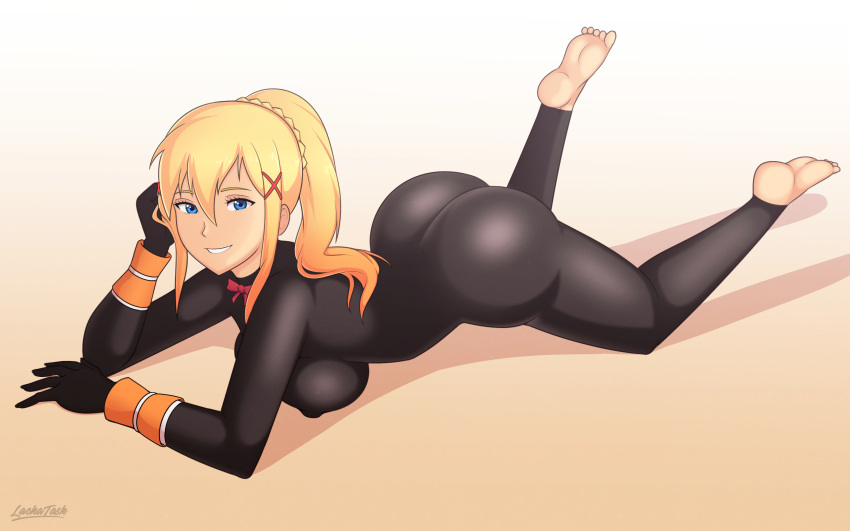 1girls alternate_version_available ass big_ass big_breasts black_bodysuit blonde_hair blue_eyes bodysuit breasts bubble_ass bubble_butt darkness_(konosuba) feet female female_only hair huge_ass huge_breasts kono_subarashii_sekai_ni_shukufuku_wo! lackatask legs on_stomach ponytail smile solo solo_female tight_clothing