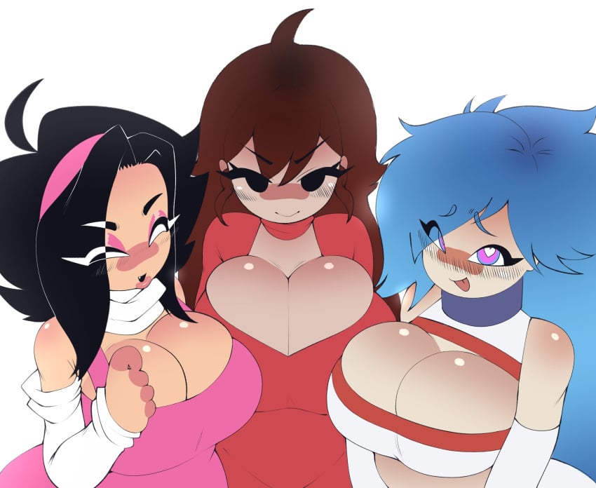 3girls 5hitzzzu ahoge asian_female big_breasts big_hair black_eyes black_hair blue_hair boombita breasts brown_hair cowlick demon_girl eyes_closed female_only friday_night_funkin funcu funculicious girlfriend_(friday_night_funkin) long_hair meatcuteshii nene_(newgrounds) newgrounds pico&#039;s_school pink_dress pink_eyes pinkbobatoo red_dress short_hair skiddioop skyblue skyblue_(friday_night_funkin) skyverse smile stereodaddy tagme white_dress