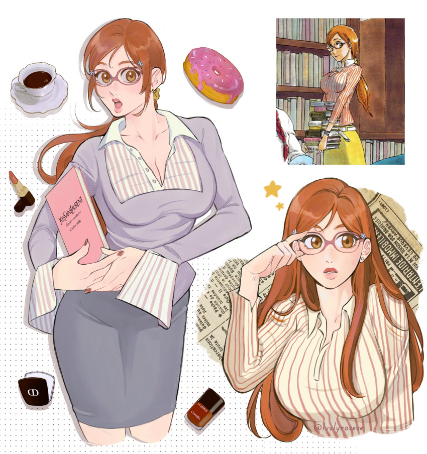 1girls adjusting_glasses artist_name bangs bespectacled big_breasts bleach blue_flower blue_flowers blush breasts busty buttoned_shirt carrying_books cleavage coffee collared_shirt donut doughnut dress_shirt ear_piercing ear_stud earrings facing_viewer female flower_hair_accessory flower_hair_ornament ginger ginger_hair glasses gray_skirt grey_skirt hair_accessory hair_ornament hair_over_shoulder hand_on_glasses holding_book inoue_orihime layered_sleeves lips lipstick lipstick_(object) lipstick_tube long_fingernails long_hair long_nails long_sleeves looking_at_viewer low_ponytail luvlyroseve multiple_outfits multiple_poses nail_polish nail_polish_bottle newspaper office_lady open_mouth orange_eyes orange_hair painted_fingernails painted_nails parted_bangs pencil_skirt pink_glasses pink_lips pink_lipstick pocket_mirror ponytail portrait purple_topwear red_fingernails red_nails reference_image saucer sidelocks skirt striped_clothing striped_shirt striped_topwear teeth tight_clothing tight_skirt twitter_username upper_body vertical-striped_shirt vertical_stripes