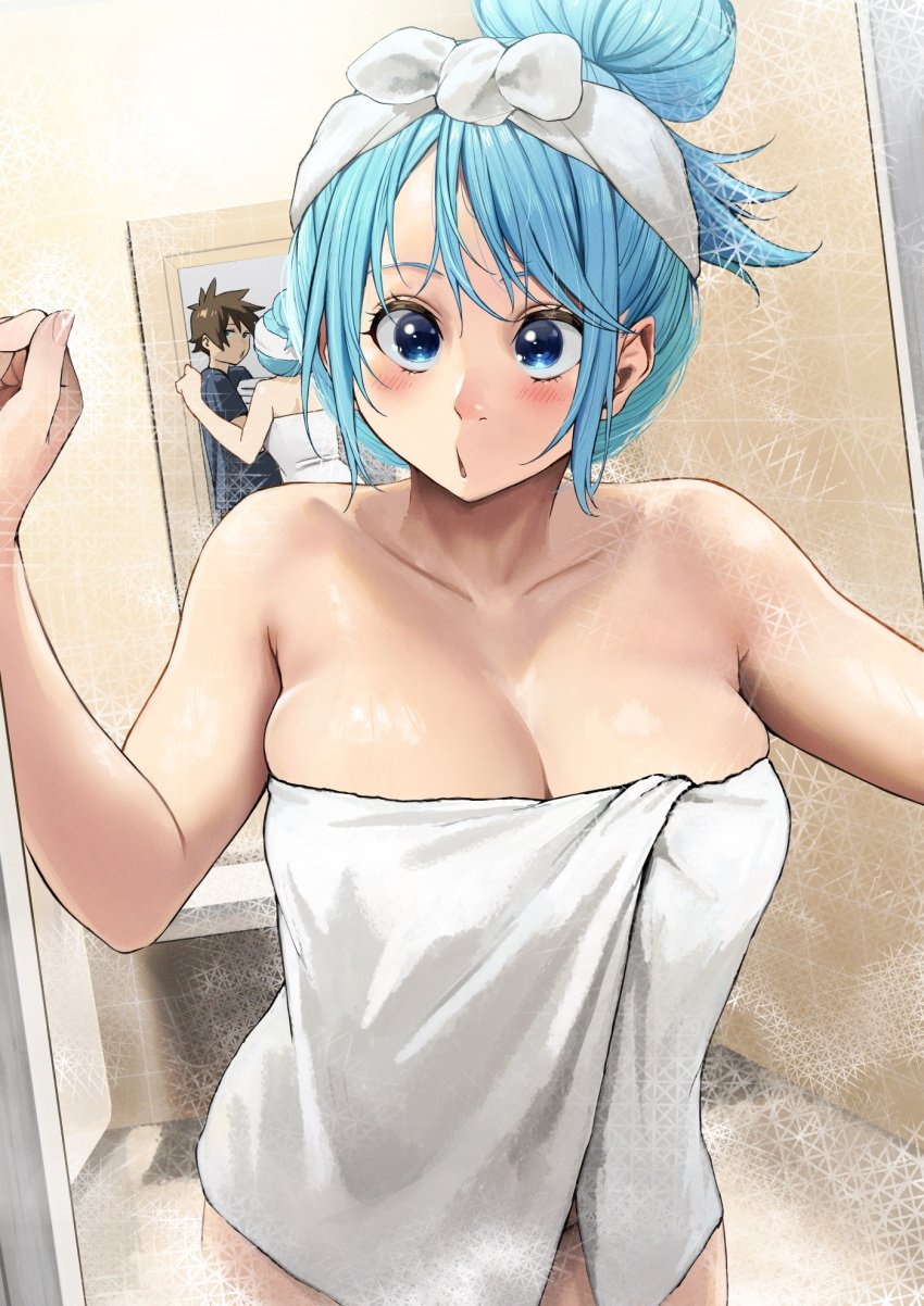 1boy 1girls aqua_(konosuba) bhive003 big_breasts blue_eyes blue_hair busty cleavage female_focus goddess hair_up izawa_(bhive003) kono_subarashii_sekai_ni_shukufuku_wo! light-skinned_female light_skin no_clothes out_of_shower satou_kazuma steam towel_on_head wet