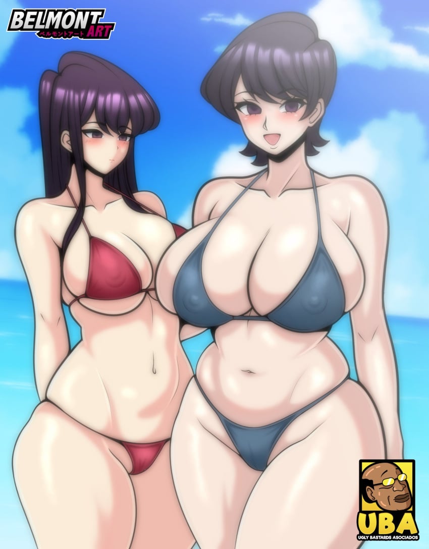 2girls bare_arms bare_legs bare_shoulders bare_thighs belmont big_breasts bikini bikini_bottom bikini_top black_hair blush breasts_bigger_than_head clothed clothing color female female_focus female_only hi_res komi-san_wa_komyushou_desu komi_shouko komi_shuuko large_breasts light-skinned_female light_skin long_hair looking_at_viewer meme milf mother_and_daughter mother_daughter_boob_envy_(meme) multiple_girls nipples_visible_through_clothing purple_hair short_hair solo_female tagme thick_thighs