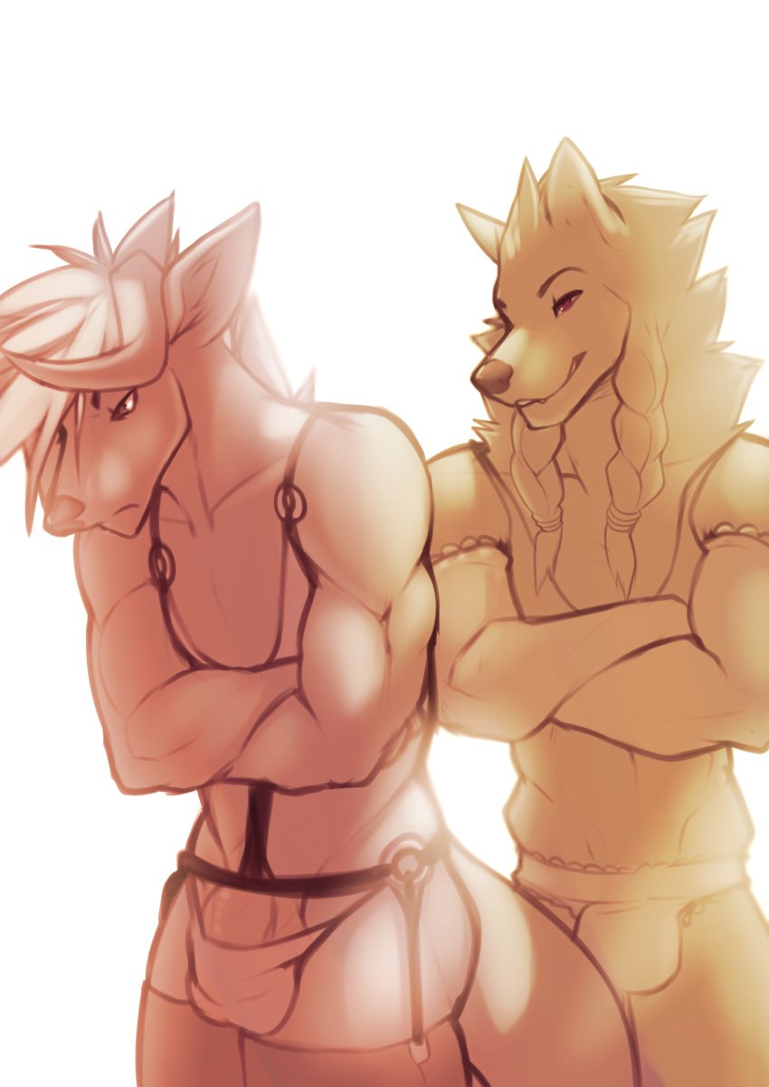 anthro avernus_kinsley biceps blush canine clothed clothing crossdressing duo elbow_gloves fur gloves hair horn human_genitalia kharnov kuldran legwear lingerie lost-paw male male_only mammal muscles panties penis smile stockings underwear were werewolf wolf