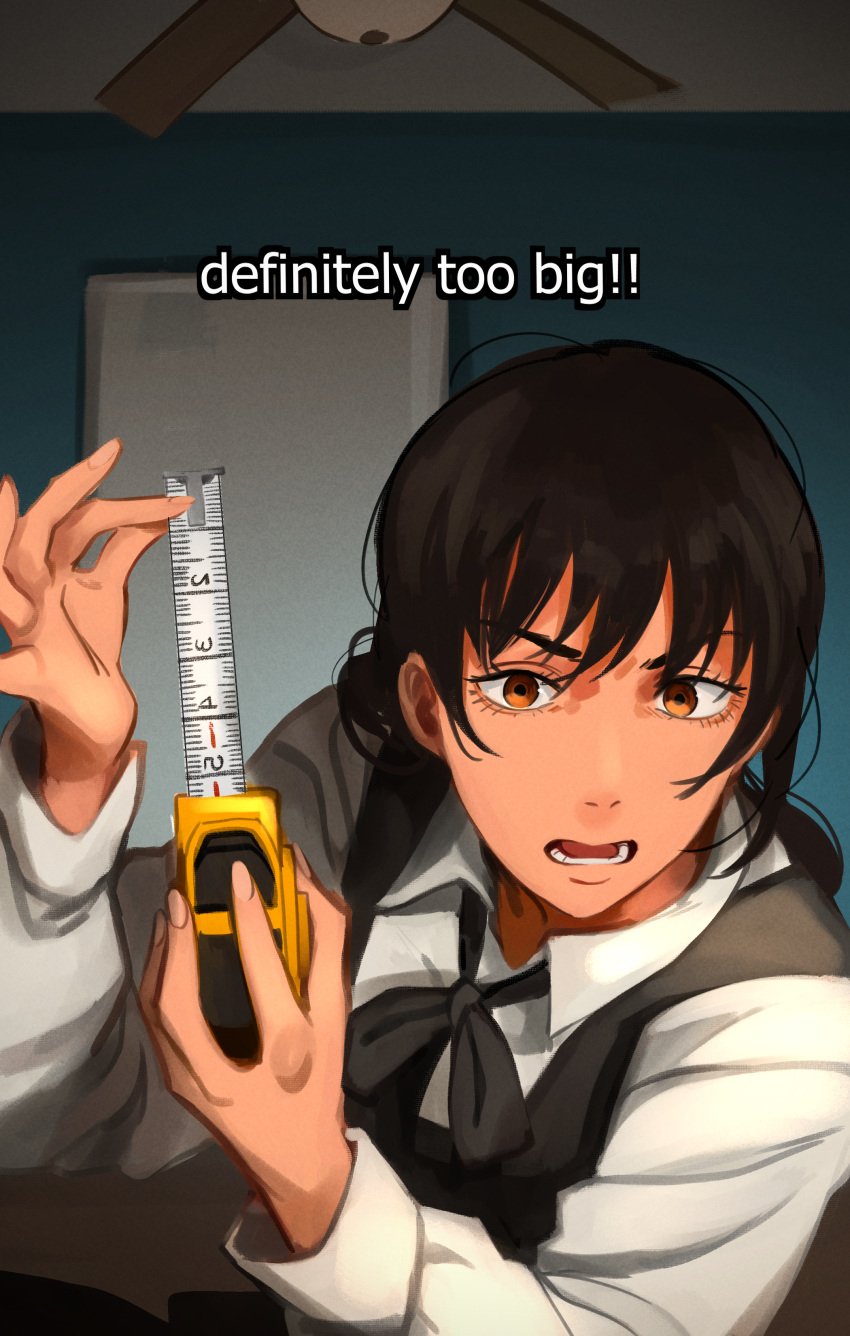 1girls black_hair chainsaw_man clothed clothed_female english_text female fully_clothed funny hi_res indoors khyleri looking_at_viewer measurements measuring meme meme_reference mitaka_asa open_mouth pov school_uniform small_penis_adoration solo_female tape_measure text too_big wholesome