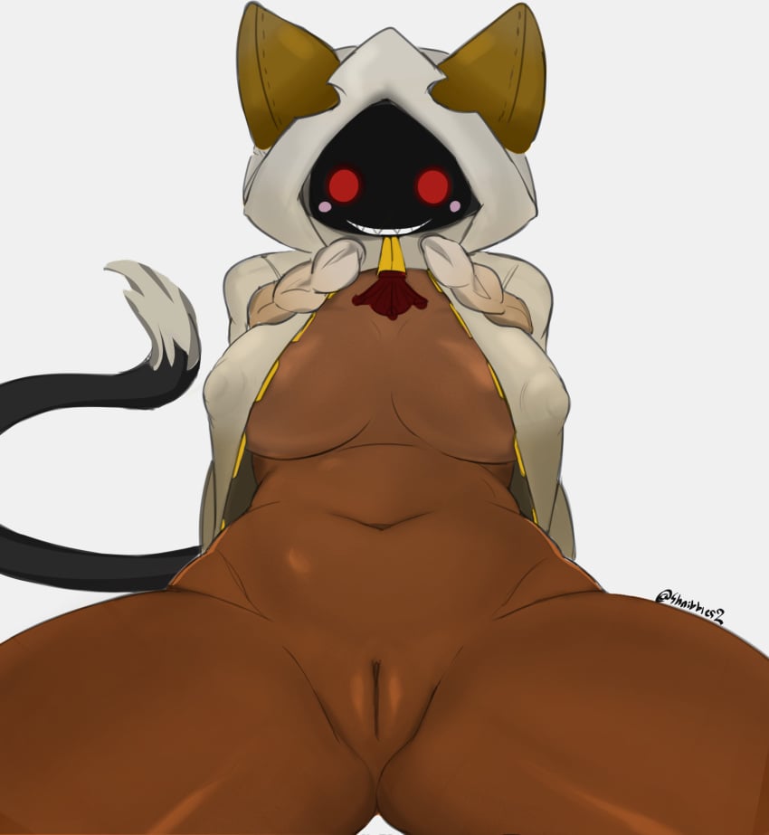 animal_humanoid animal_tail arc_system_works big_breasts blazblue blush blush_stickers bottomless braided_hair breasts cat_humanoid clothed clothing colorized dark_body dark_skin dipstick_tail edit felid felid_humanoid feline feline_humanoid female genitals grey_background hair hi_res hoodie humanoid inner_boob kaka_(blazblue) looking_at_viewer mammal mammal_humanoid markings navel nipple_outline obscured_face open_clothing pussy sharp_teeth shnibbles simple_background smile solo spread_legs spreading tail tail_markings tailed_humanoid taokaka teeth thick_thighs third-party_edit topwear wide_hips