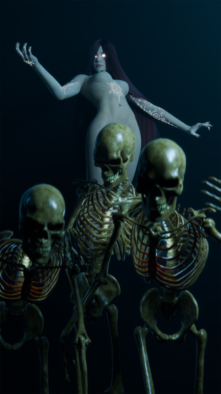 3d 3d_(artwork) akidia alice_(akidia) blue_background bracelet bracelets glowing_eyes glowing_tattoo gradient_background light-skinned_female light_skin long_hair looking_at_viewer naked naked_female necromancer original original_character red_hair skeleton small_breasts tagme tattoo tattoos