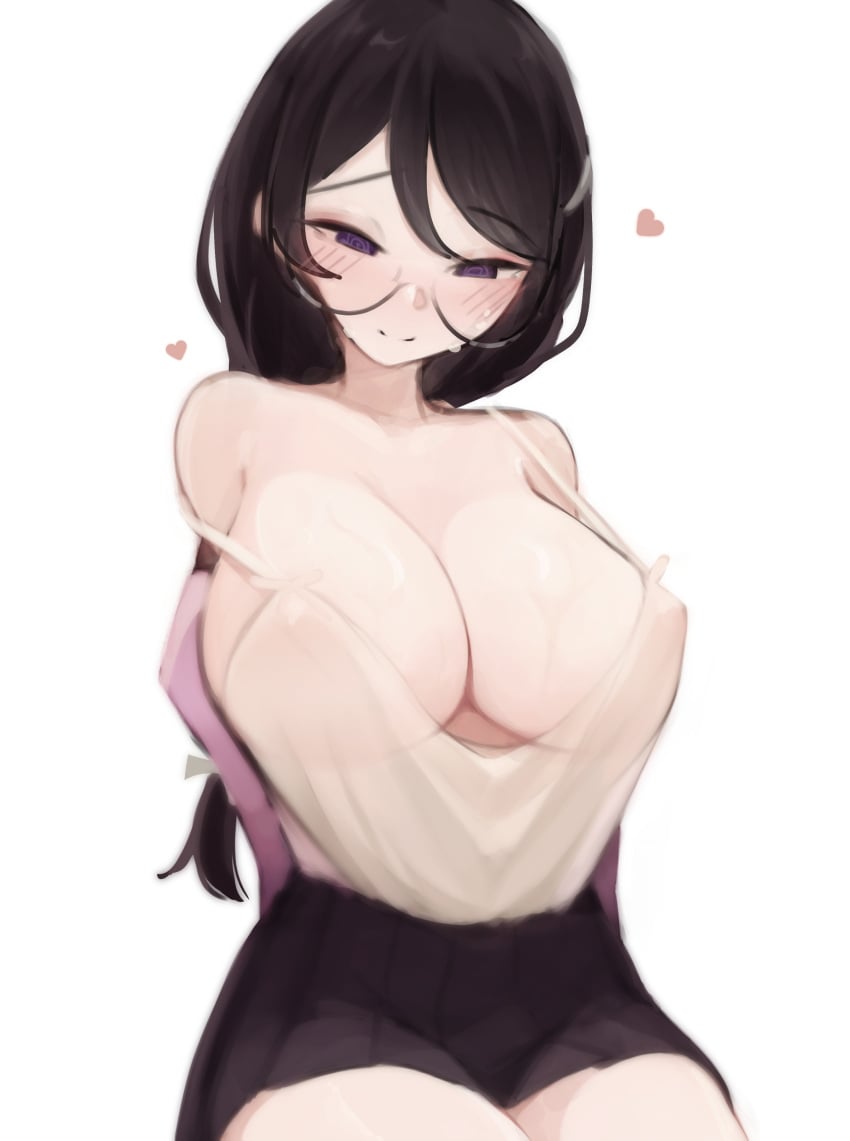 bare_shoulders big_breasts big_breasts black_hair breasts breasts_visible_through_clothing cleavage clothed deko_morii exposed_shoulders female female_focus female_only glasses hanekawa_tsubasa long_hair monogatari_(series) pleated_skirt skirt sole_female solo solo_female solo_focus