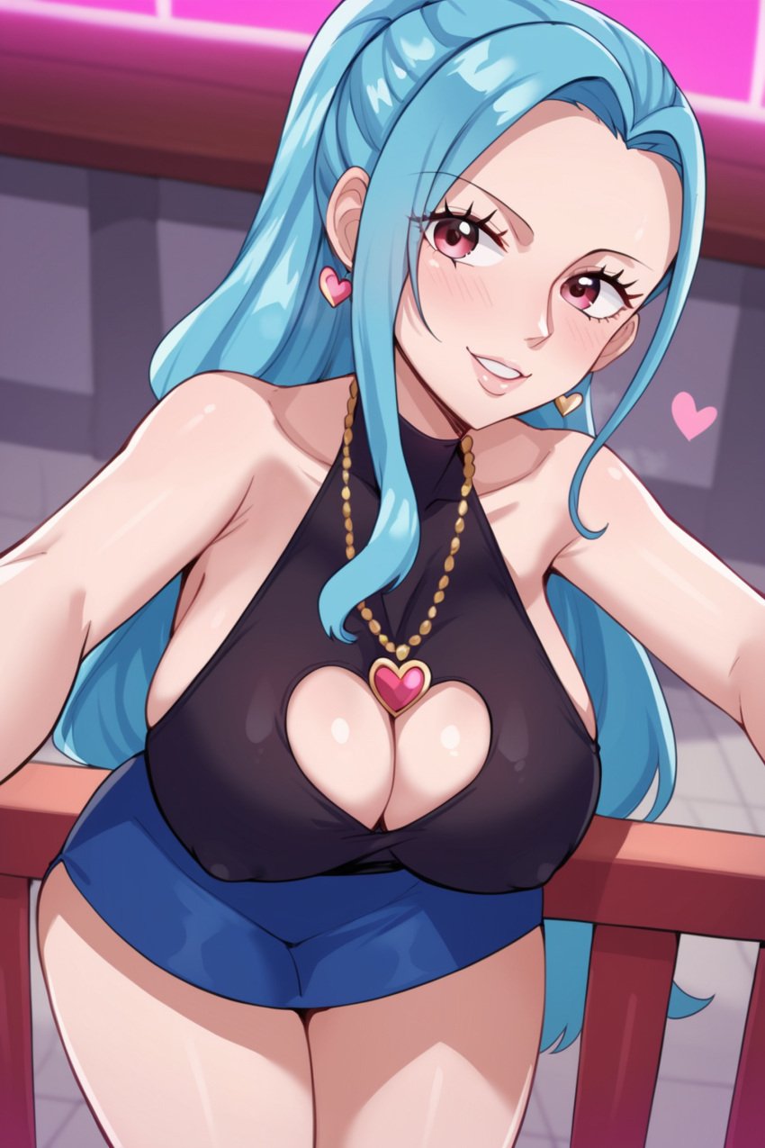 ai_generated aqua_hair big_breasts blush clothed clothing clothing_cutout cutout female female female_only heart heart_cutout hi_res hug_invitation mexkwigo nefertari_vivi one_piece sideboob solo