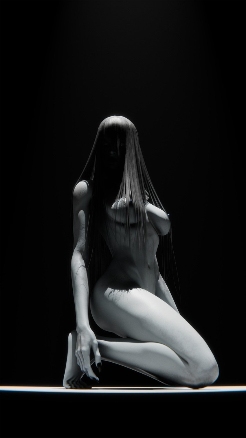 3d 3d_(artwork) akidia banshee big_breasts black_fingernails black_hair ghost ghost_girl grey_skin hair_covering_eyes light-skinned_female long_hair looking_at_viewer naked naked_female obscured_face original original_character tagme