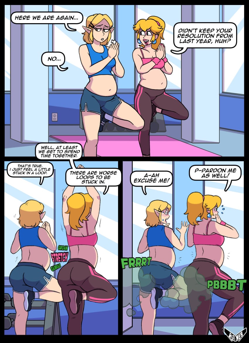 2girls accidental_fart big_belly bloated_belly blonde_hair blue_shorts breath_of_the_wild chubby clothed clothing embarrassed fart female female_only gassy gym lipstick mario_(series) midriff mr_rattleb0nes navel nintendo potbelly princess princess_peach princess_zelda rumbling_stomach shame tears_of_the_kingdom text the_legend_of_zelda workout workout_clothes yoga zelda_(tears_of_the_kingdom)