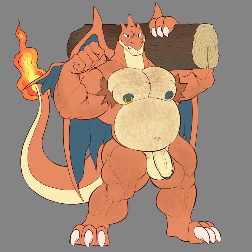 absurd_res anthro arcwuff balls barefoot big_muscles body_hair casual_nudity charizard claws dragon feet fingers flaccid flexing flexing_bicep foreskin generation_6_pokemon genitals hi_res holding_log holding_object humanoid_genitalia humanoid_hands humanoid_penis log looking_at_viewer male male_only manly mega_charizard mega_charizard_y mega_evolution membrane_(anatomy) membranous_wings muscular muscular_anthro mythological_creature mythological_scalie mythology nintendo nipples non-mammal_balls nude penis pokemon pokemon_(species) quads scalie simple_background solo tail teeth toes wings wood