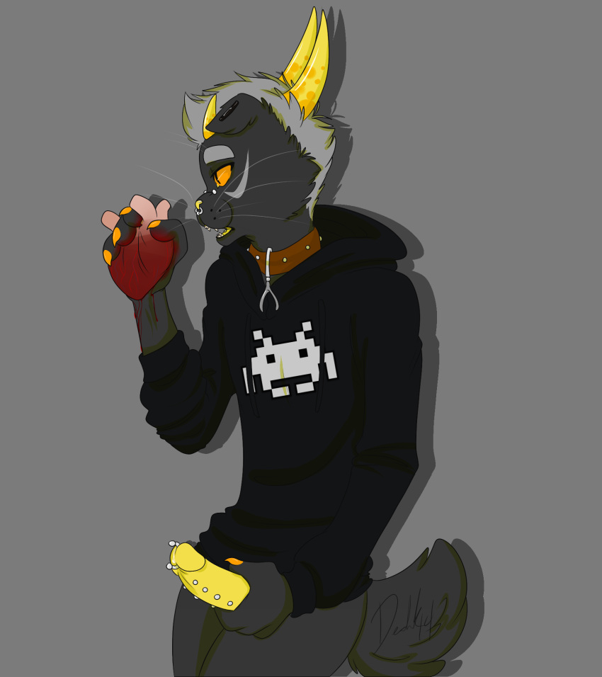 anthro black_fur blood clothing collar feline fur genital_piercing gore heart horn hybrid ket_(kitket) male mammal original_character penis penis_piercing piercing pukeytwink solo space_invaders sweatshirt yellow_penis