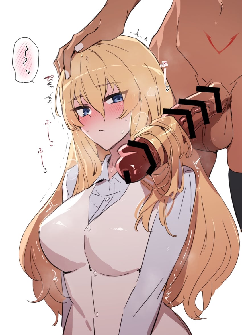 1futa 1girls balls bar_censor big_breasts big_penis black_thighhighs blonde_hair blue_eyes blue_shirt blush body_markings bottomless breasts caenis_(fate) censored closed_mouth clothed clothed_female_nude_futanari clothing commentary dark-skinned_futanari dark_skin duo erection faceless_character faceless_futanari fate/grand_order fate_(series) female female_focus fully_clothed futa_on_female futa_with_female futanari genderswap_(mtf) hair_between_eyes hairjob hand\ hand_on_another's_head heavy_breathing highres hip_bones human kirschtaria_wodime large_breasts light-skinned_female light_skin long_hair long_sleeves looking_at_penis nail_polish navel nude penis rule_63 sabamori shirt simple_background standing sweat testicles thighhighs twitching veins veiny_penis vest white_background white_nails white_vest
