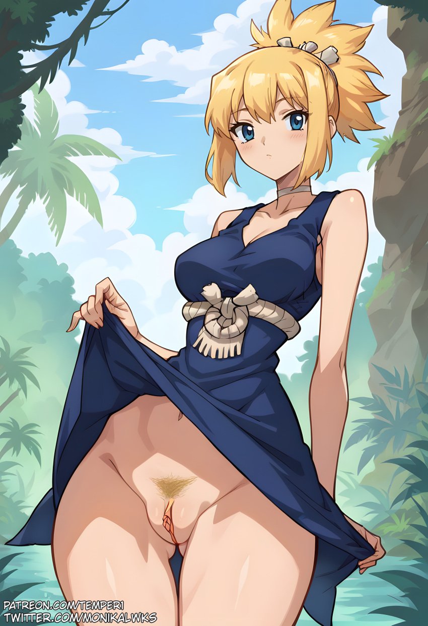 ai_generated blonde_hair blue_eyes choker cleft_of_venus clitoris colored_pubic_hair curvy dr.stone fat_mons hair_tied kohaku_(dr.stone) looking_at_viewer no_panties presenting_pussy pubic_hair skirt_lift stable_diffusion temper_ai uncensored vulva wide_hips