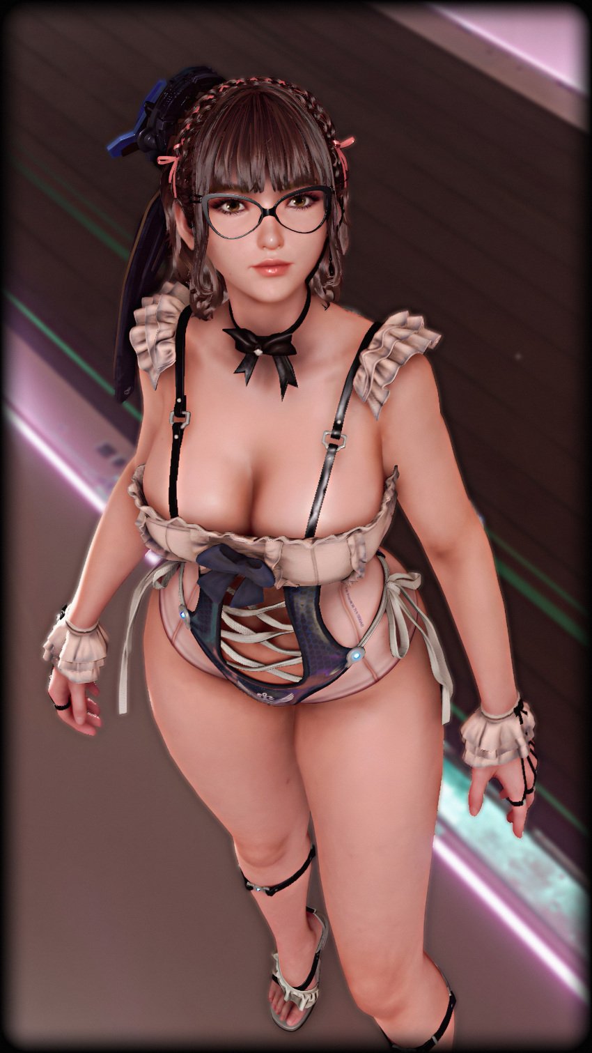 big_ass big_breasts black_hair eve_(stellar_blade) feet gameplay gameplay_screenshot glasses high_heels hourglass_figure ingame_model lingerie long_hair looking_at_viewer looking_up necklace slim_waist stellar_blade thick_thighs tied_hair wide_hips