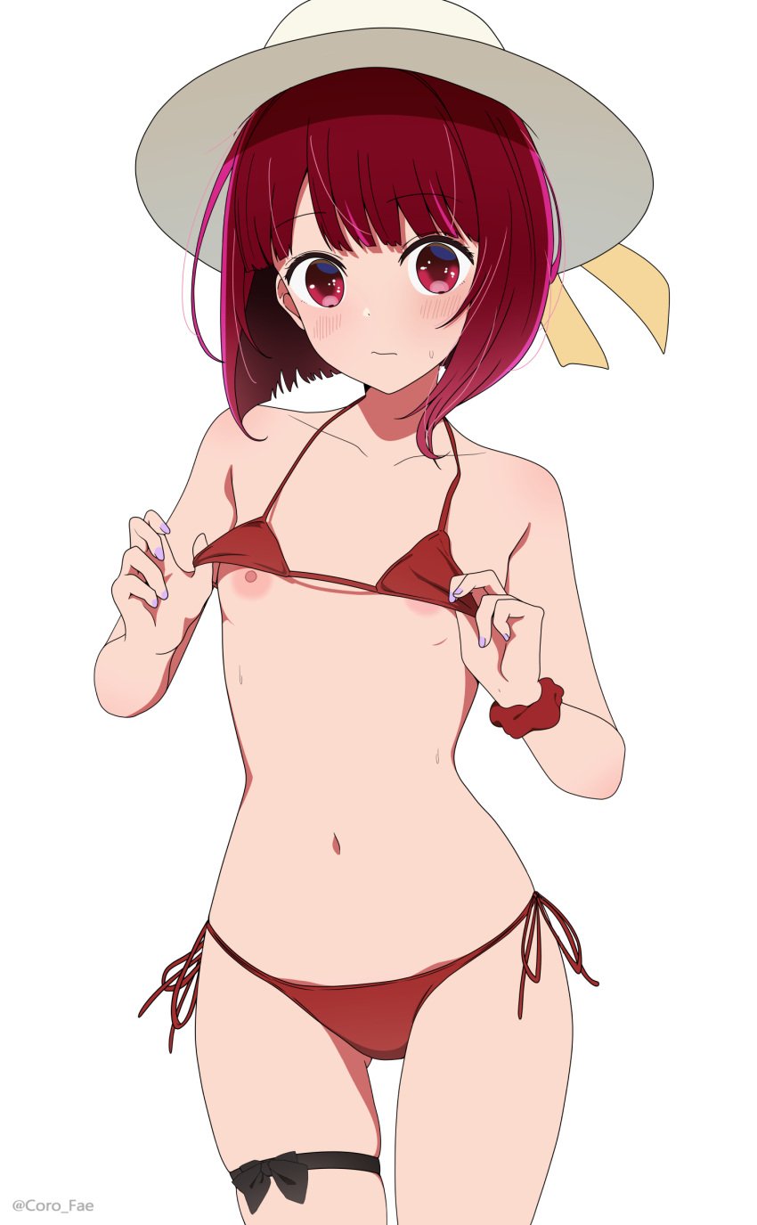 1girls absurd_res absurdres areolae arima_kana bare_arms bare_belly bare_chest bare_legs bare_midriff bare_shoulders bare_skin bare_thighs belly belly_button bikini bikini_bottom bikini_top bikini_top_aside bikini_top_lift blush blush blush_lines breasts breasts collarbone coro_fae dot_nose elbows eyebrows_visible_through_hair female female_focus female_only fingernails fingers groin hat head_tilt high_resolution highres legs light-skinned_female light_skin looking_at_viewer naked naked_female navel nervous nervous_expression nervous_face nipples nude nude_female oshi_no_ko petite petite_body petite_breasts petite_female petite_girl purple_fingernails purple_nail_polish purple_nails pussy red_bikini red_bikini_bottom red_bikini_top red_eyes red_eyes_female red_hair red_hair_female red_string_bikini red_swimsuit red_swimwear short_hair shoulders shy shy_expression simple_background slender_body slender_waist slim_girl slim_waist small_breasts solo standing string_bikini student swimsuit swimwear teenager thigh_band thighband thighs thin_waist tilted_head uncensored_breasts uncensored_nipples upper_body v-line white_background white_hat