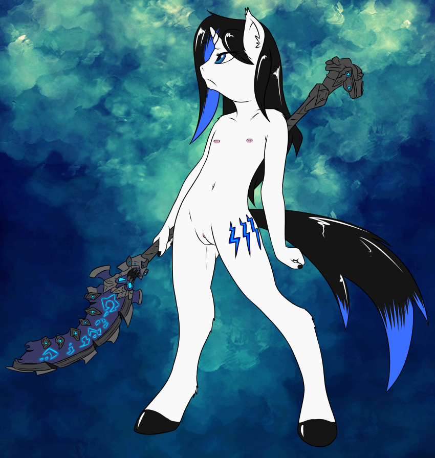 abstract_background absurd_res annonymouse anthro black_hair blue_eyes eclipse_moonshard equine female flat_chested hair hi_res horn mammal my_little_pony nipples nude polearm pussy solo staff unicorn weapon young