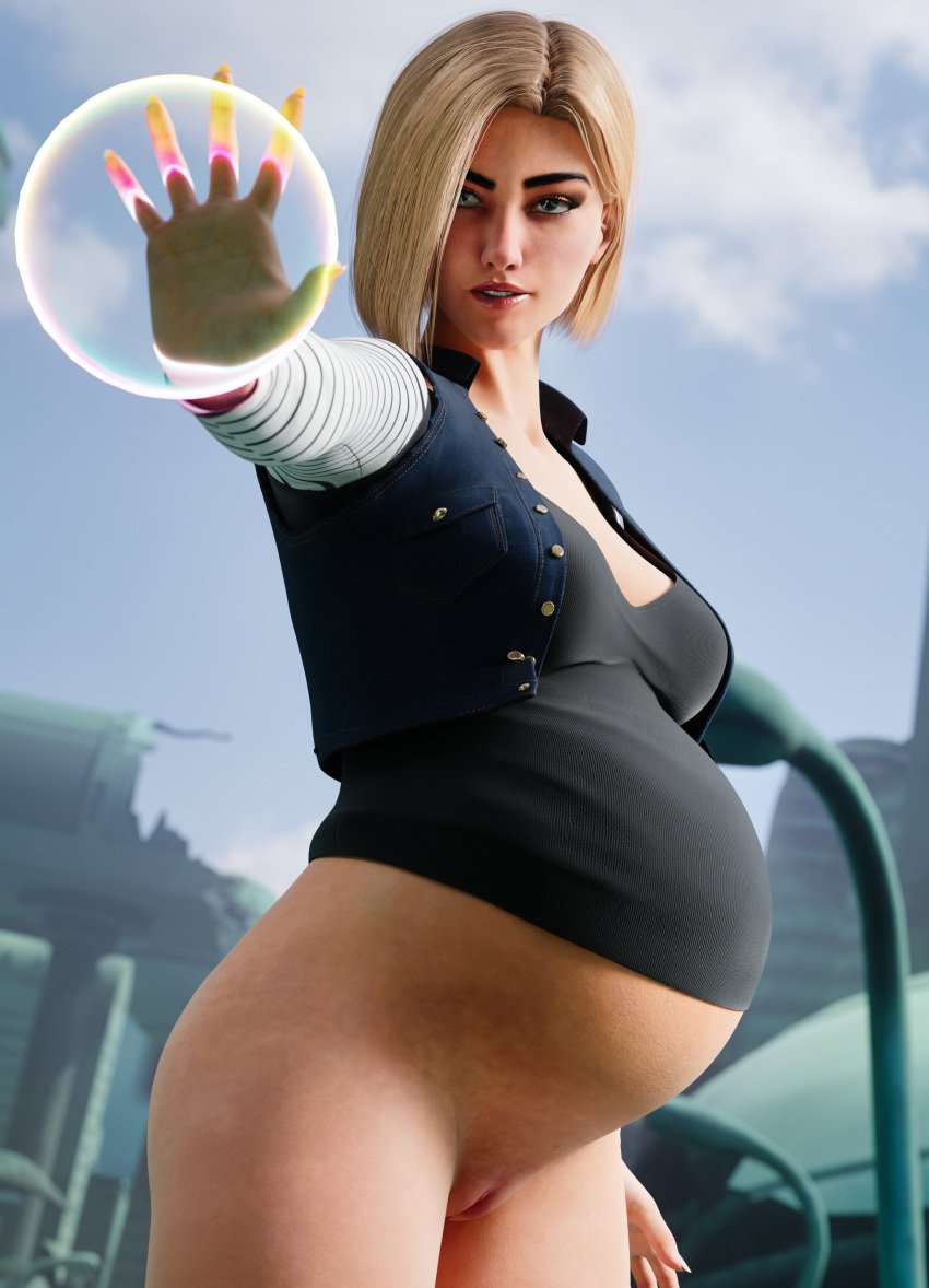 1girls 3d android_18 belly big_belly big_breasts blonde_hair bottomless breasts clubzenny dragon_ball dragon_ball_z female pregnant pussy solo