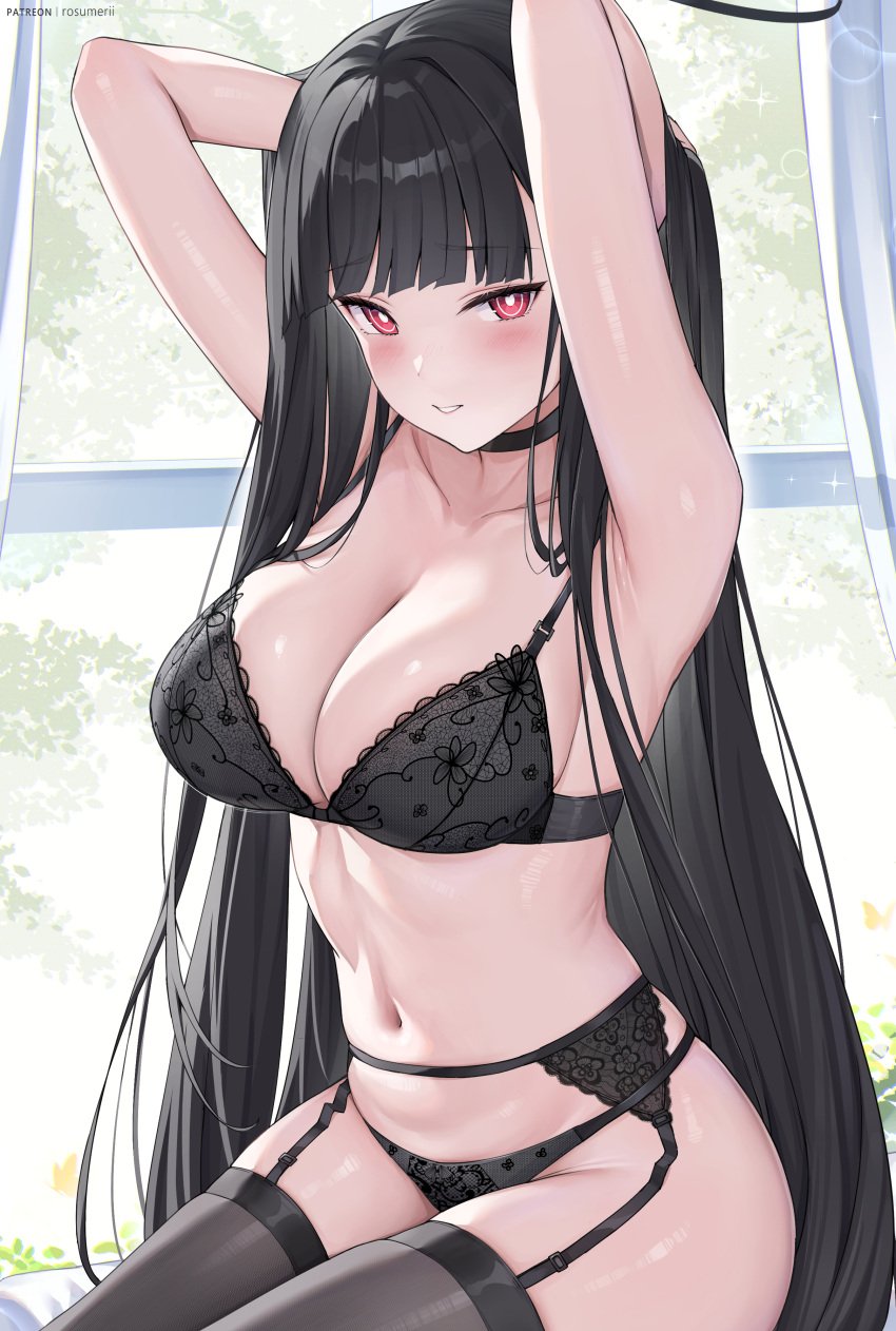 armpits arms_behind_head bedroom blue_archive garter_belt garter_straps huge_thighs large_breasts lingerie millennium_science_school_student morning patreon_username rio_(blue_archive) rosumerii seductive seductive_look seminar_(blue_archive) sitting_on_bed smile thick_thighs wide_hips