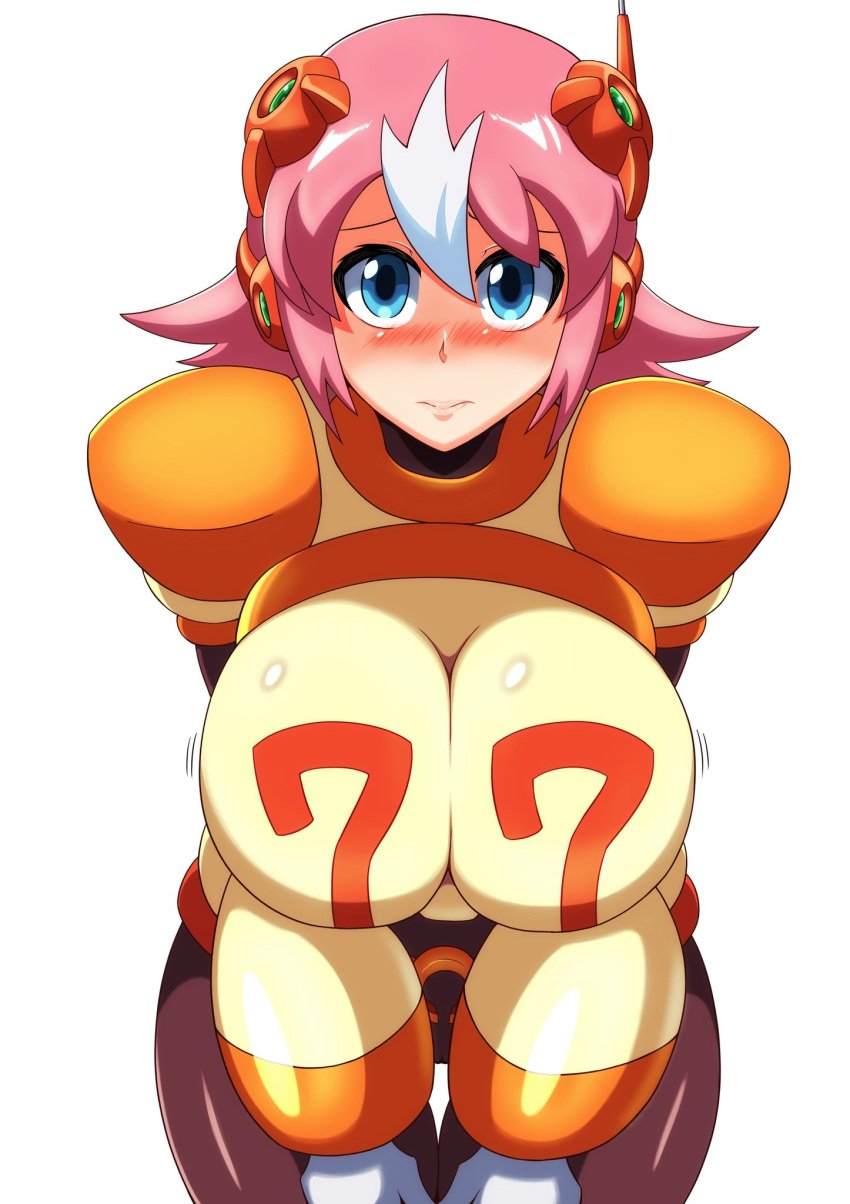 1girls big_breasts blue_eyes blush kotatuman_dash mega_man mega_man_x mega_man_x_dive nana_(mega_man) pink_hair robot_girl