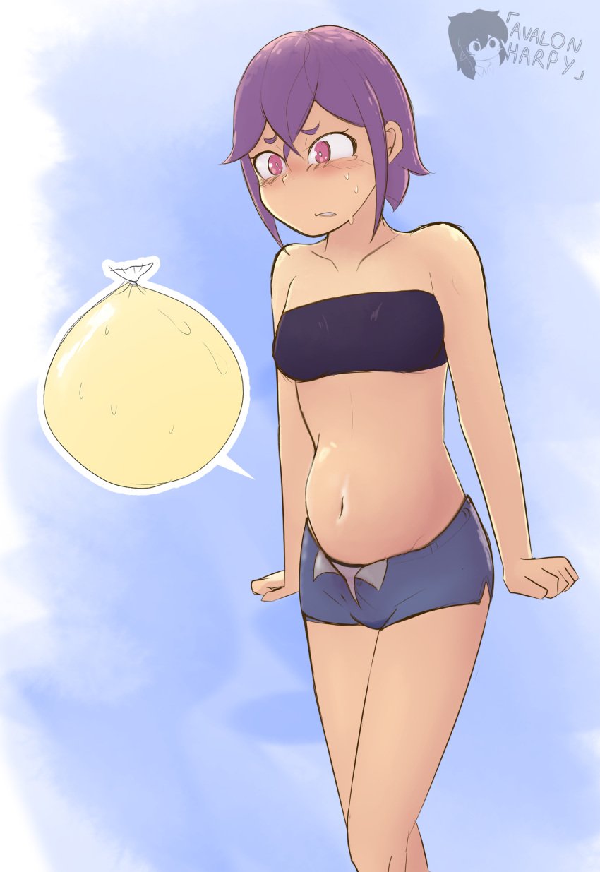 avalonharpy bladder_bulge bladder_gauge have_to_pee omorashi original original_character panty_peek purple_hair shorts unbuttoned_shorts white_panties yuzu