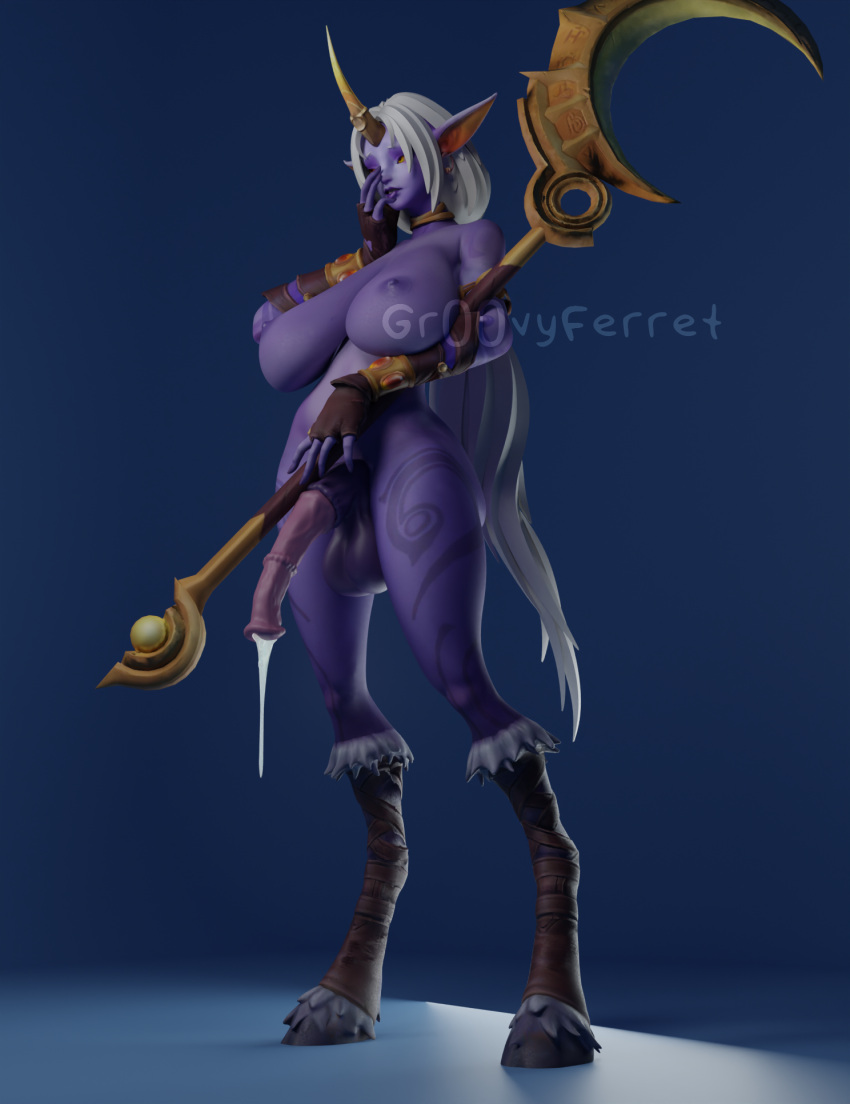 1futa 3d big_breasts blue_background futa_only futanari gr00vyferret horn horsecock_futanari league_of_legends:_wild_rift long_hair nude nude_futanari precum precum_drip purple_skin solo_focus solo_futa soraka staff standing white_hair