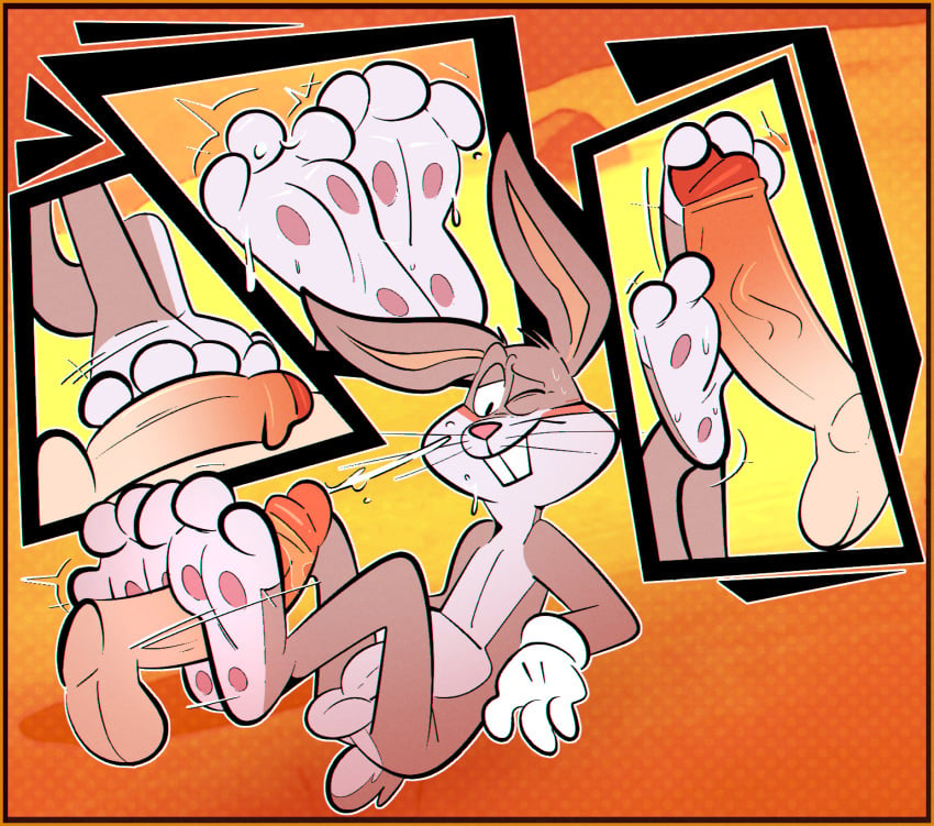 3_toes anthro blush bodily_fluids bugs_bunny clothing comic disembodied_penis duo feet foot_fetish foot_play footjob foreskin gay genitals gloves handwear hi_res looney_tunes male male_foot_fetish pawpads paws penis pink_pawpads plantigrade sex soles solo_focus spread_toes sweat the-alfie-incorporated toes warner_brothers