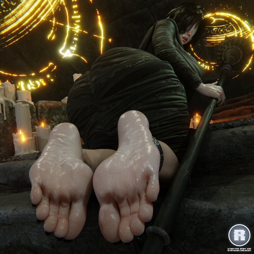 below_view big_breasts big_butt black_toenail_polish clean demon's_souls feet foot_fetish foot_focus fromsoftware looking looking_at_viewer looking_back maiden_in_black rebit shiny_skin soles